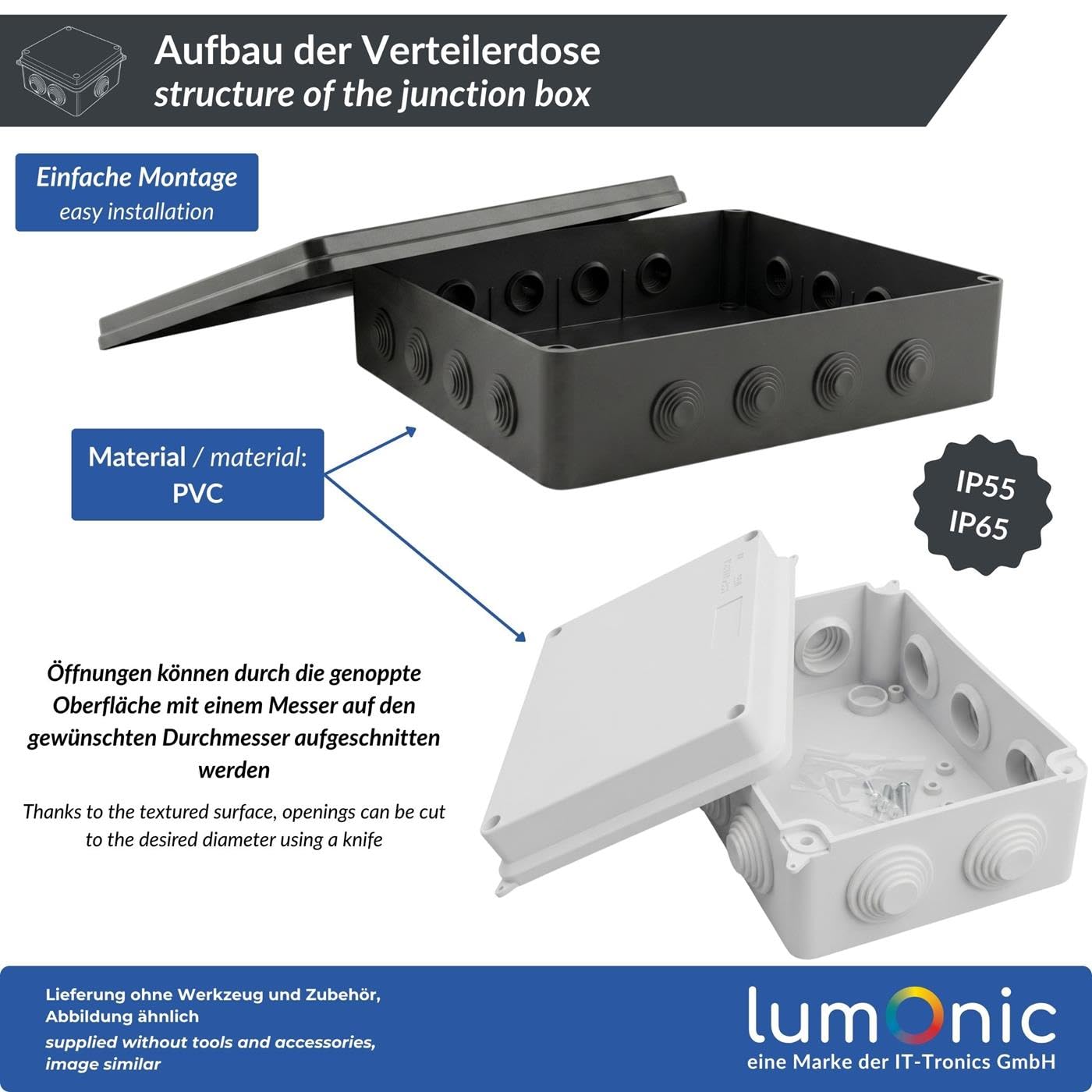 Lumonic Boîte de distribution en saillie IP65 Blanc | extra large, 300x250x120mm, 12 entrées de câble | Couvercle vissé | PVC de haute qualité | Grand espace intérieur pour les profilés chapeau, les b