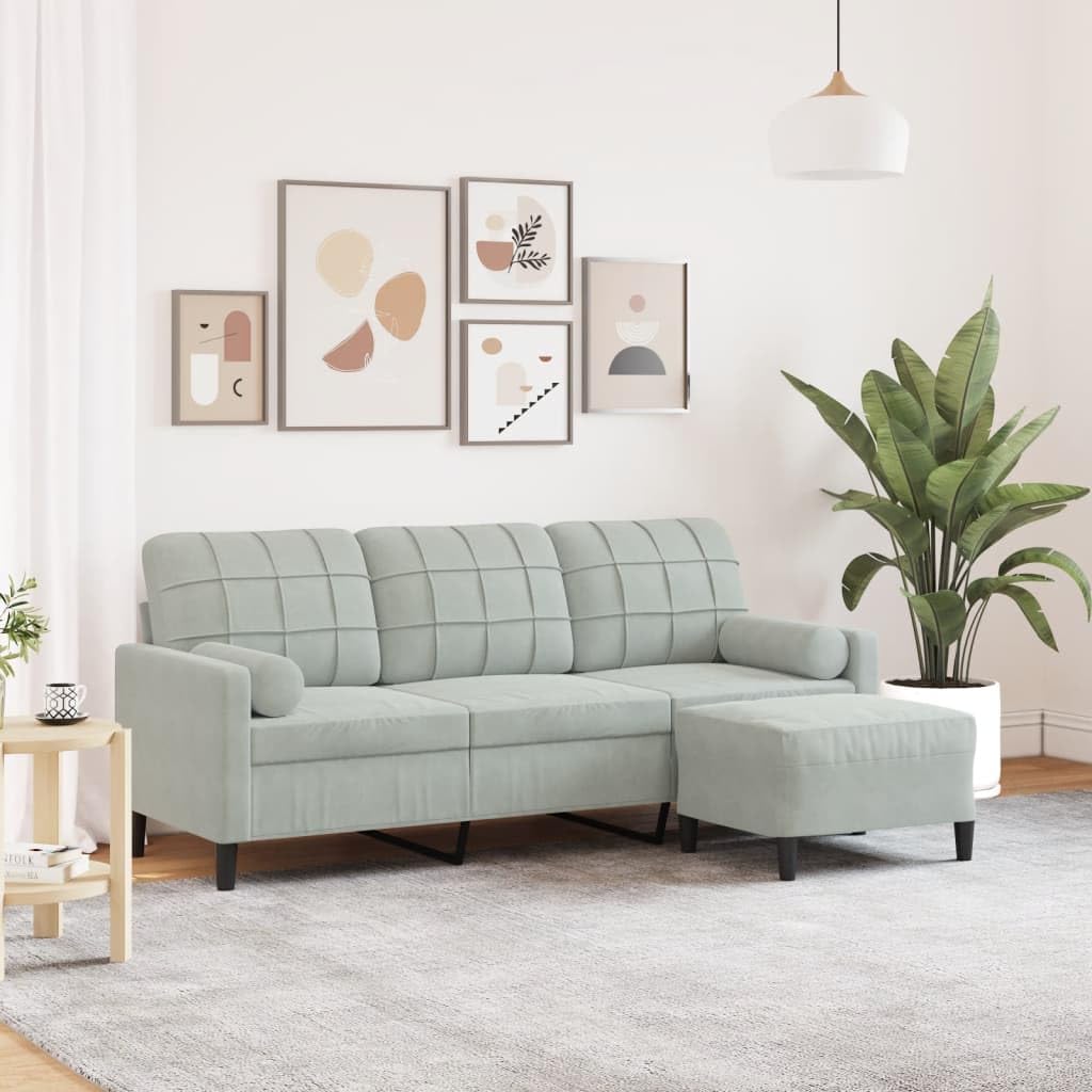 Gecheer Sofá de 3 plazas con Taburete de Terciopelo Gris Claro 180 cm,Sofa de Salón Moderno para Salón Dormitorio Oficina,Sofa Cheslong,Modulos Salon