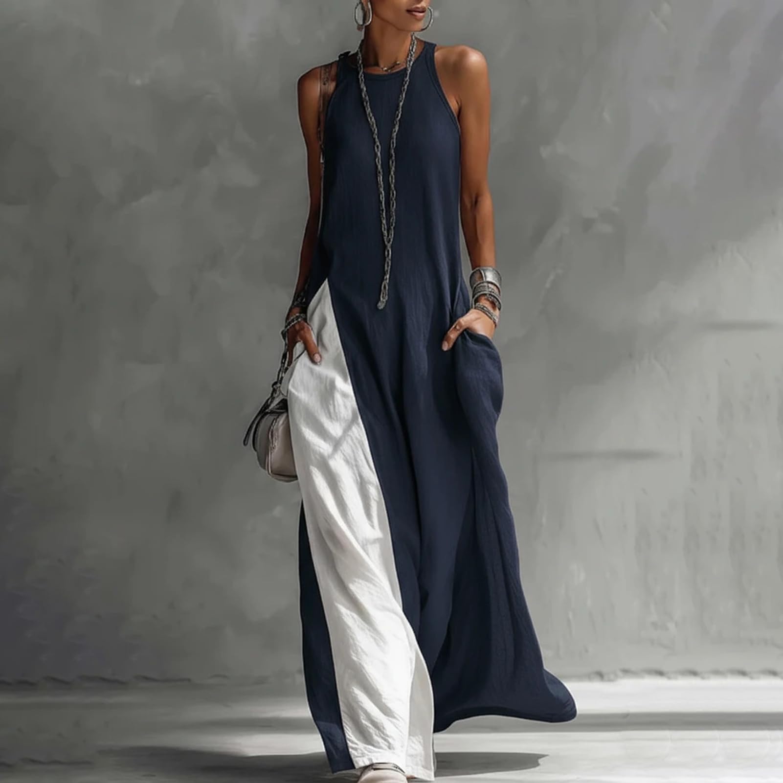 Maxi abito estivo da donna, senza maniche, girocollo, con spacco laterale, con tasche, casual, spiaggia, vacanze, uso quotidiano, leggero, morbido, vestibilità larga, comodo, da donna