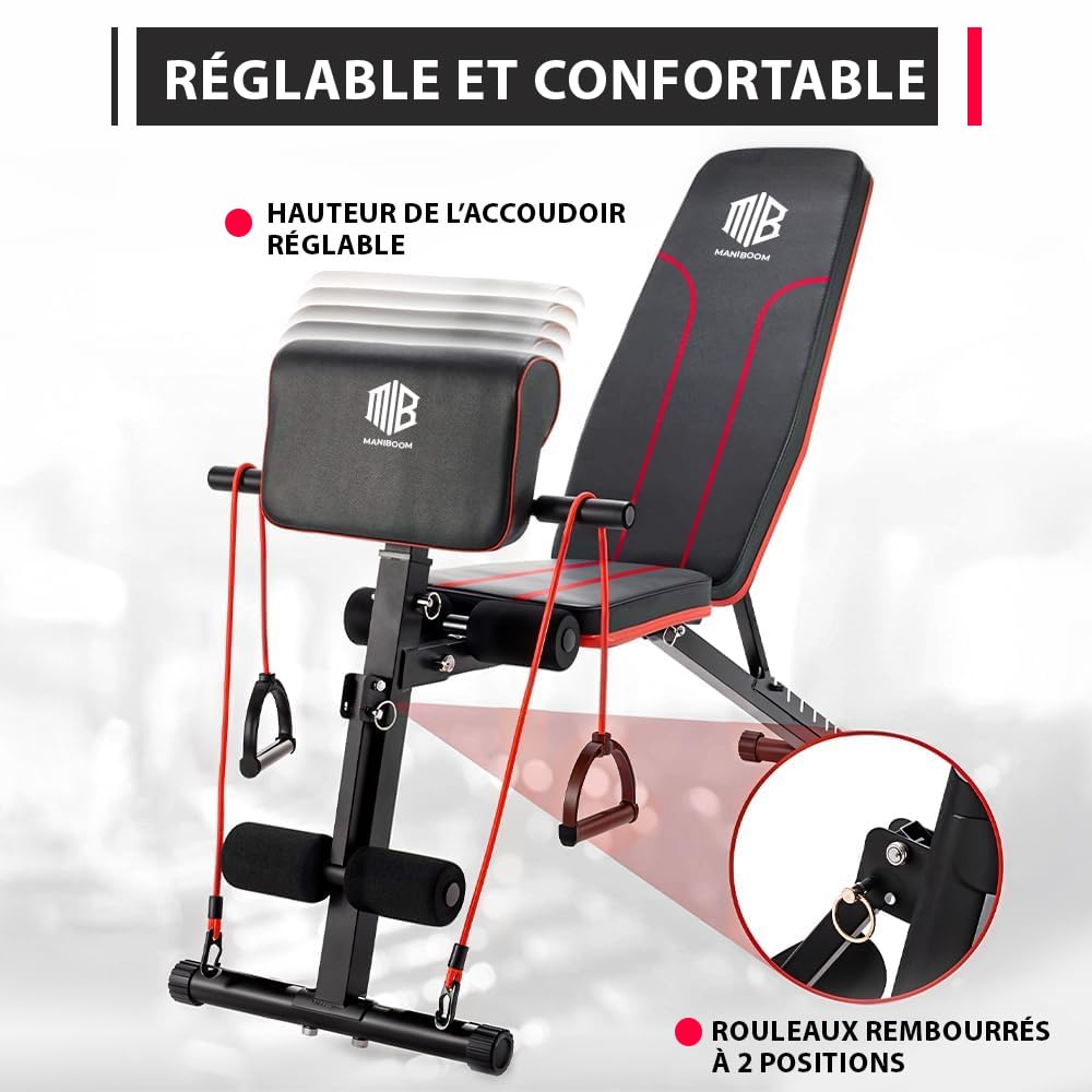 Banc de Musculation Pliable et Inclinable à 7 Positions -Banc Musculation Multifonction Abdominaux Capacité de 250 kg - Banc Musculation Complet Avec 2 Bandes D'entraînement et Coussin pour Biceps