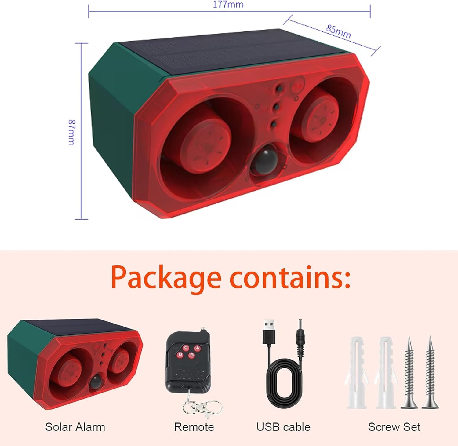 Alarma con Sensor de Movimiento Solar para Exteriores: Alarma con Detector de Movimiento, ladridos de Perros y Disparos, 2 x 129 dB, Compatible con grabación (2 Pack)