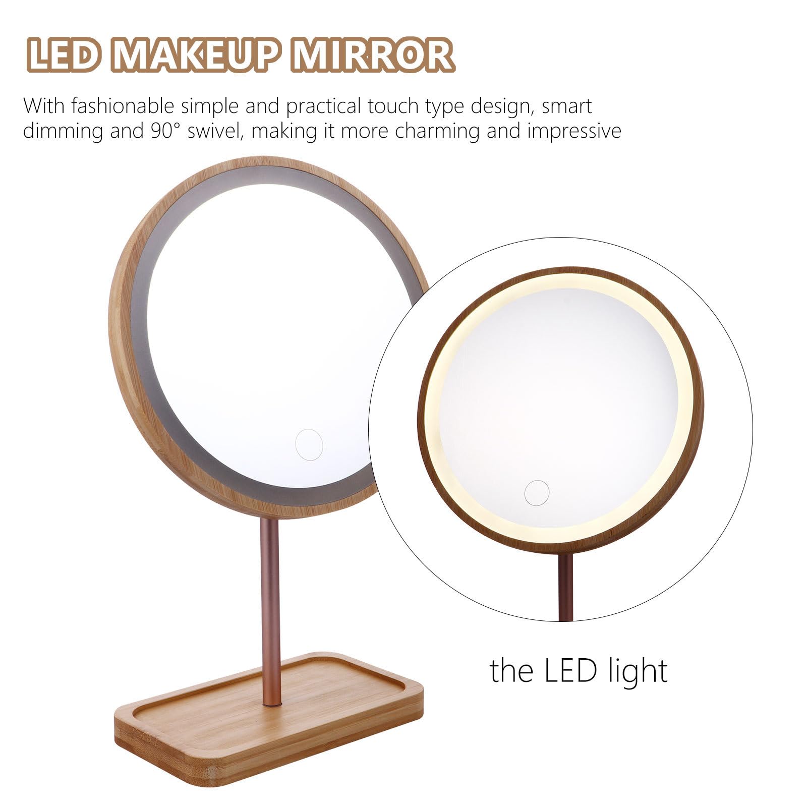 Genérico Espejo y Madera Beige Material Sintético de Maquillaje LED con Base Estable y Diseño Táctil Adecuado para Maquillaje Diario y Obsequio Elegante