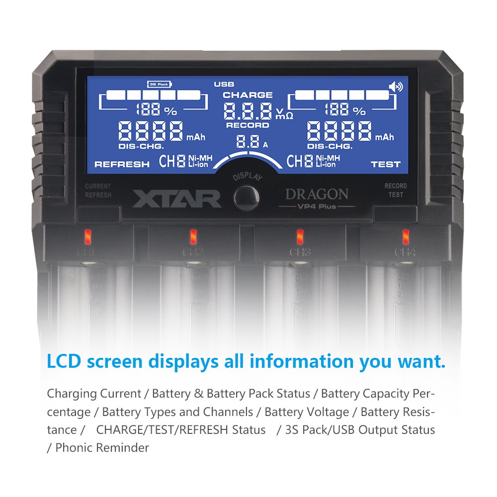 XTAR VP4 Plus Schnelllade-LCD Li-Ion/Ni-MH-Ladegerät für 18650 18700 20700 21700 22650 25500 26650 32650 Rechargeable Ni-MH Ni-CD AAAA AAA AA A SC C D