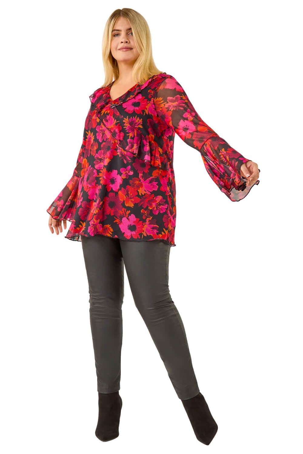 Roman Women's Magenta Curve Floral Ruffle Mesh Top In | : Size 20