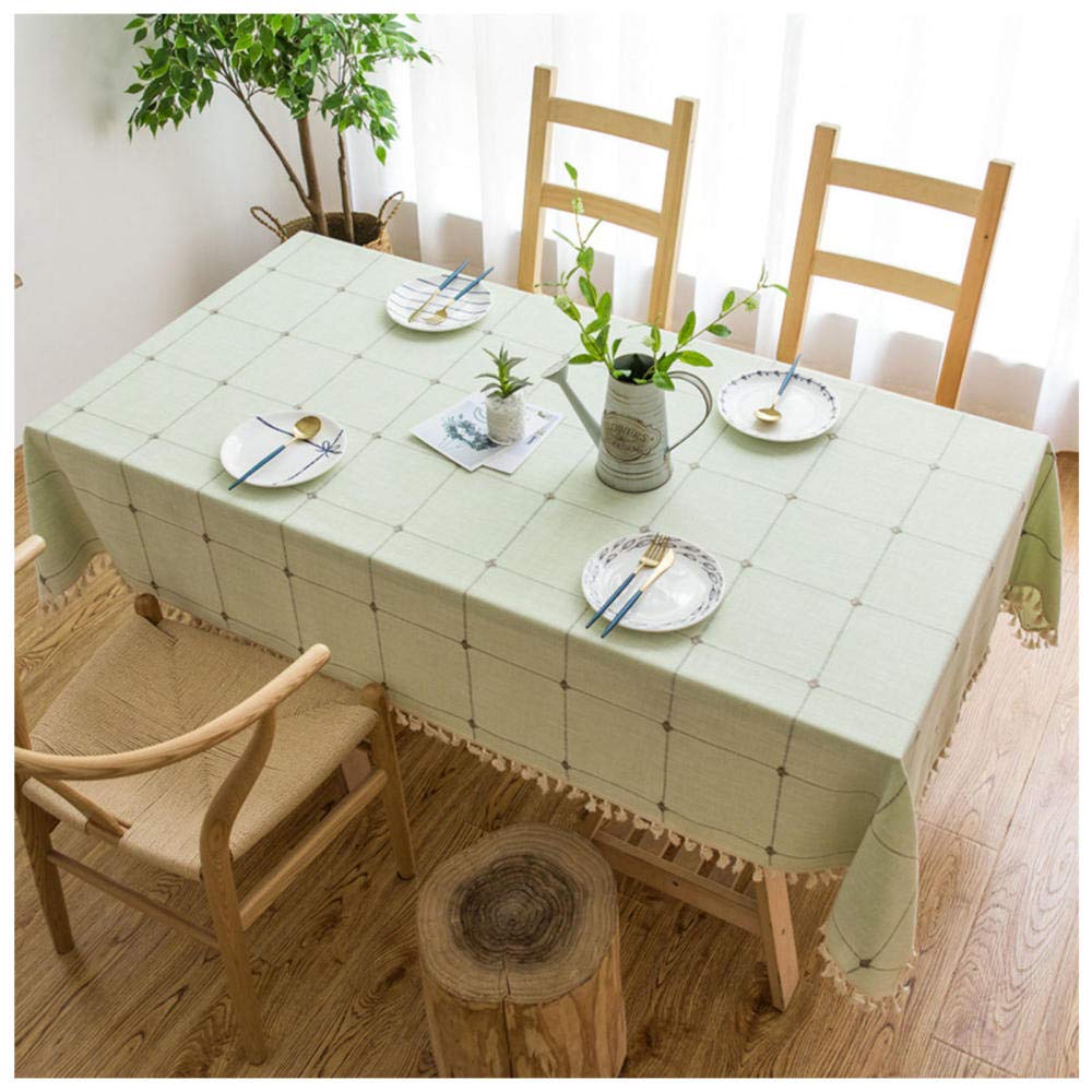 WLI Rectangle Cotton Linen Table Cloth, 120x230cm, Green Solid Color Tassel Tablecloth, Dust-Proof Decoration Table Cover for Kitchen Dinning Picnic Tabletop