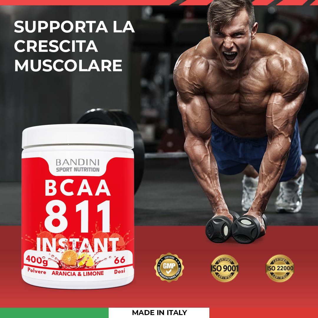 Bandini® BCAA POWDER 8 1 1 integratore di AMINOACIDI RAMIFICATI in rapporto 8:1:1 400 g 100% Vegan - Gusto ARANCIA e LIMONE - Polvere Aromatizzata - per Palestra e Sport Pre Intra e Post Workout