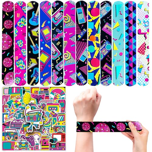 CZWXOXO 74Pcs 80s Theme Party Favors Contain 24 Pcs 80s Theme Slap Bracelets 50Pcs Stickers Retro Birthday Party Decorations Classroom Rewards Supplies.