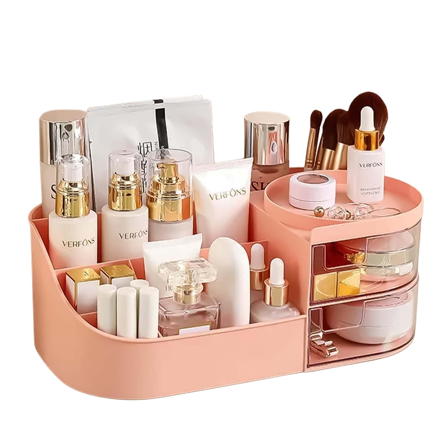 ZUKU MakeUp Organizer Stand Desk Storage Dressing Table Organiser Cosmetic Organizer Box Skin Care Table Bathroom Organiser Makeup Storage Box Makeup Vanity with Transparent Drawer(Pink)