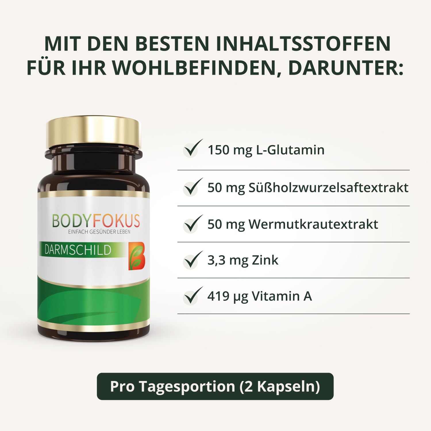 BodyFokus DarmSchild L-Glutamin Magnesium Zink Vitamin A Komplex 60 Kapseln