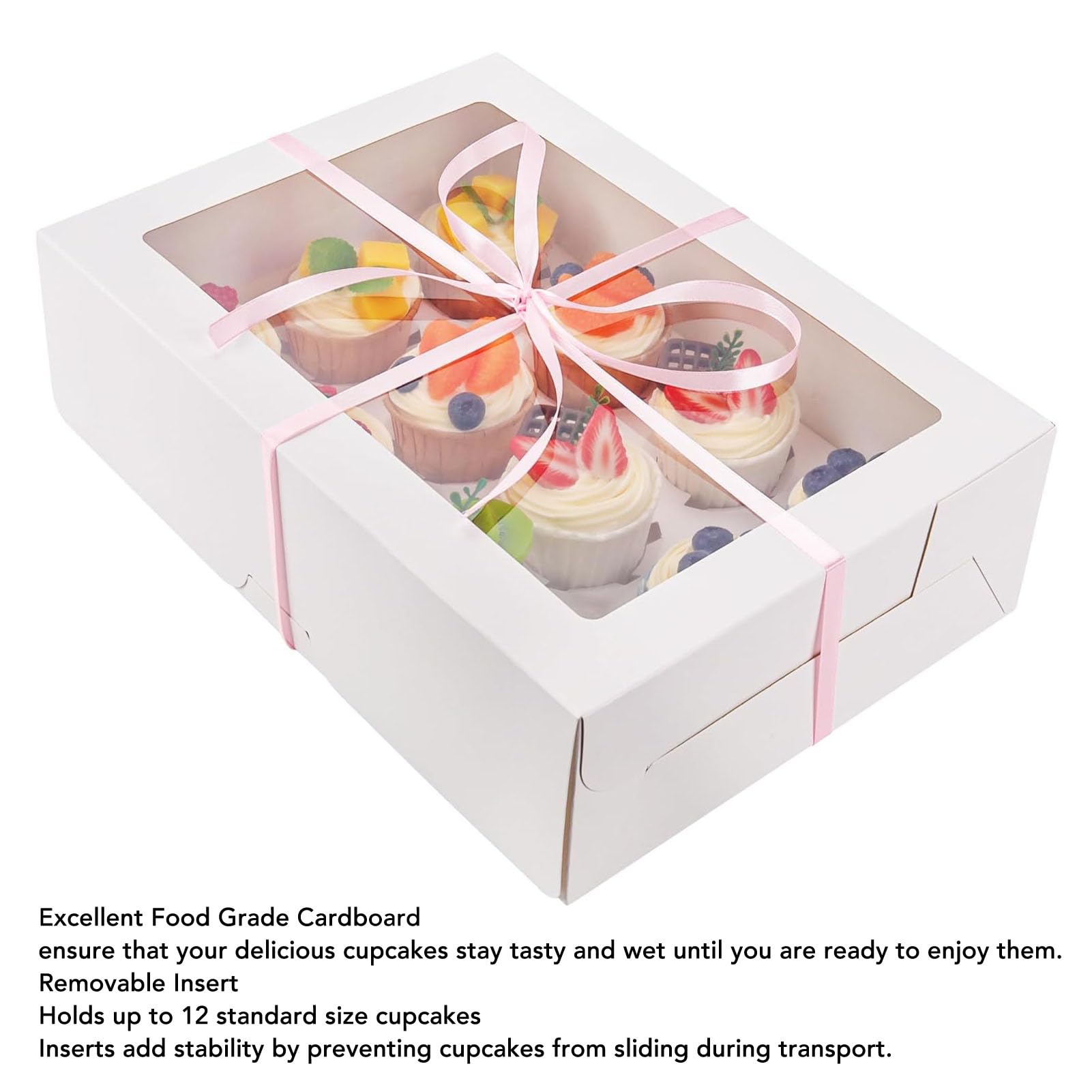 Natudeco Cupcake Boxes Cupcake Container 12 Count Carrier Boxes Holders with Clear Window Inserts for Cupcakes Desserts (White Cardboard)