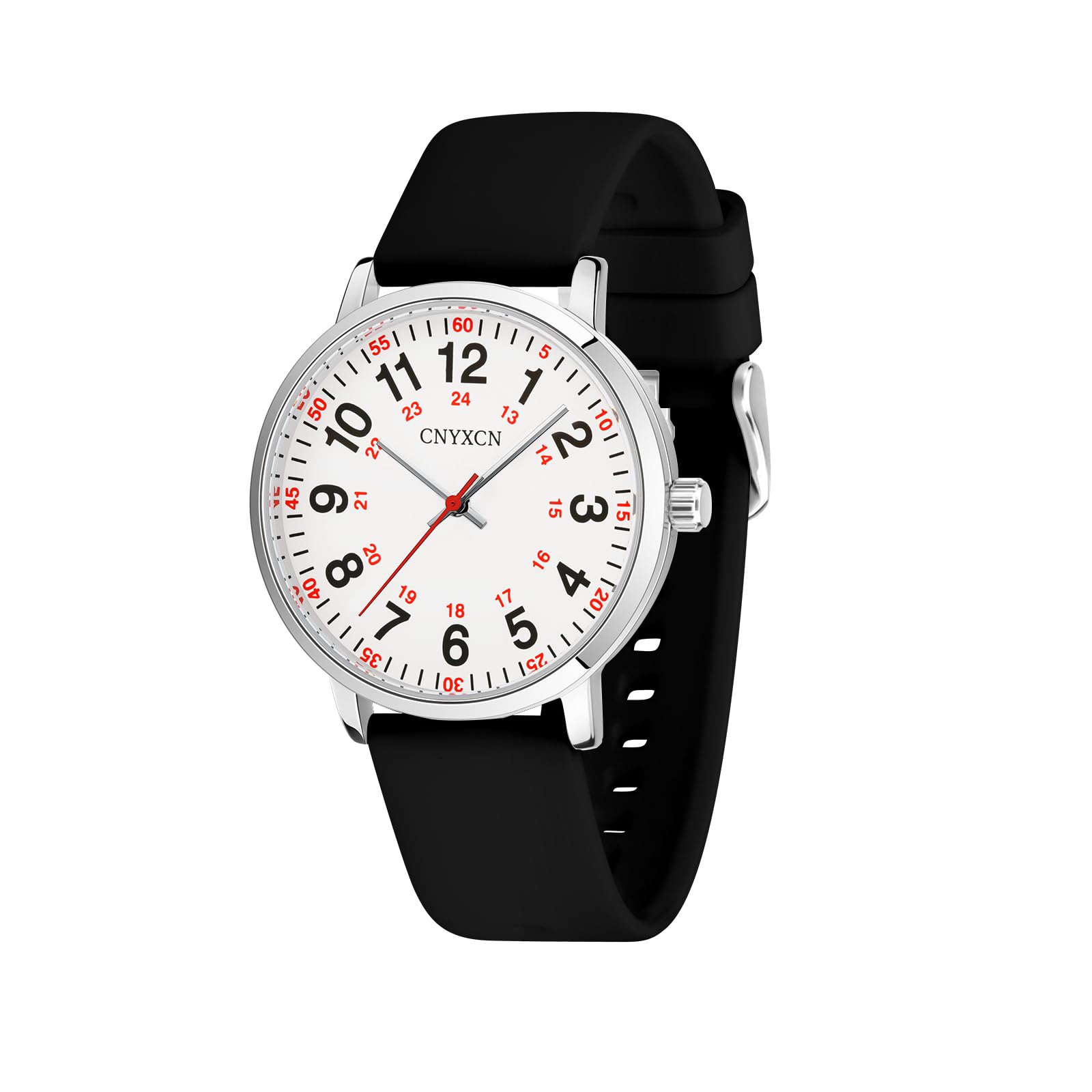 CNYXCN Nurse Watch for Medical Students,Doctors,Women Men with Second Hand and 24 Hour,Easy to Read Dial,Silicone Band,Water Resistant (Black White)