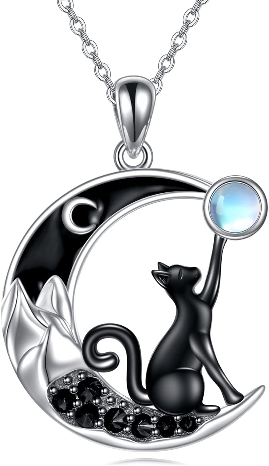 CRMAD Cat Necklace for Women Sterling Silver Crystal Celtic Moon Pendant Irish Jewelry Family Gifts