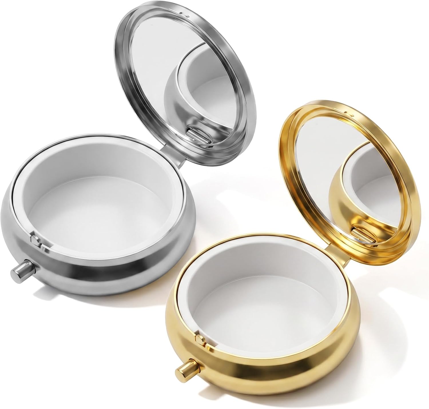 2Pcs Mini Pill Box Portable Small Pill Case for Purse with Mirror Cute Metal Travel Pills Organizer to Hold Vitamins Medication Fish Oil and Supplements for Pocket (Gold, Silver)