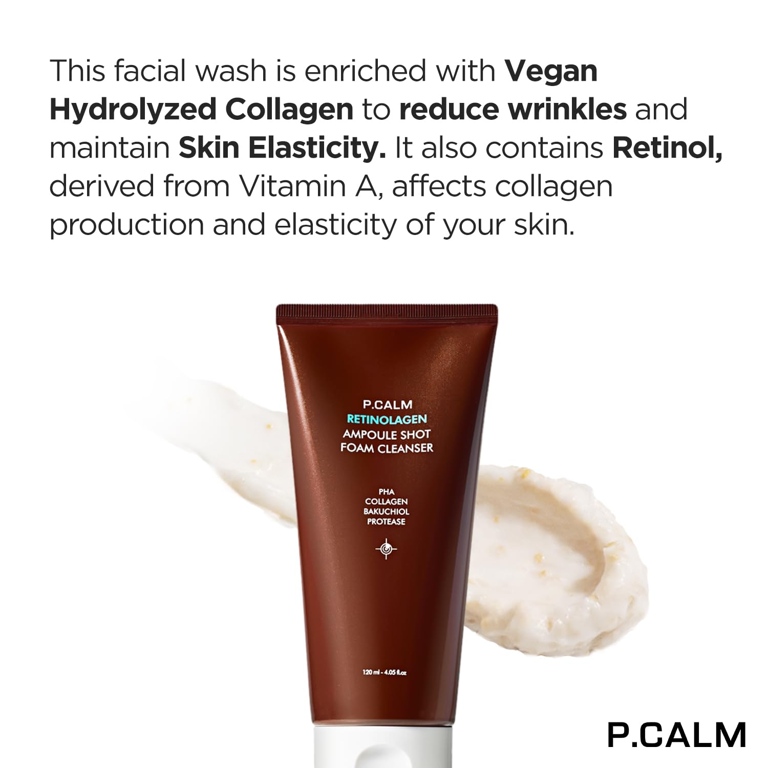 P.CALM Retinolagen Ampoule Shot Foam Cleanser – Retinol, Vegan Hydrolyzed Collagen & PHA for Pore Cleansing & Gentle Exfoliation, Korean Glass Skin (120ml / 4.05 fl.oz) - Image 3