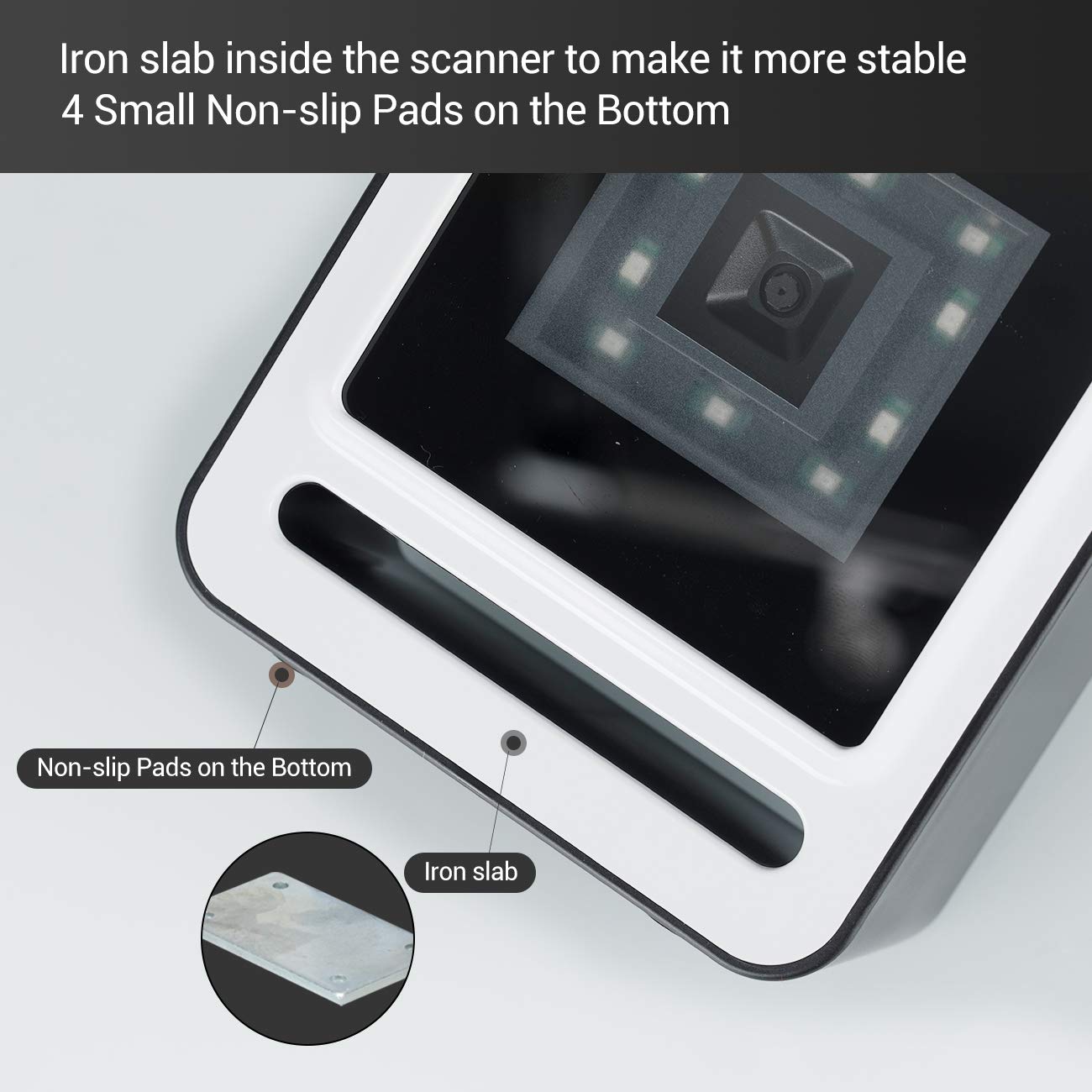 Bund view of Tera 9200-Wired scanner showing non-slip pads and internal iron slab