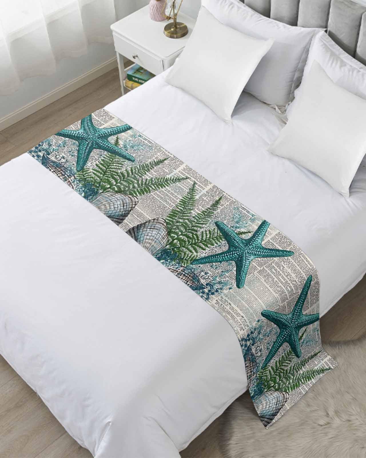 DecorLovee Coastal Beach Bed Runners for Twin Size Bed, Decorative Bed Throws for Foot of Bed, Vintage Ocean Starfish Conch Pine Leaf Bed Runner Sofa Throw Bedding Scarf Protector for Bedroom