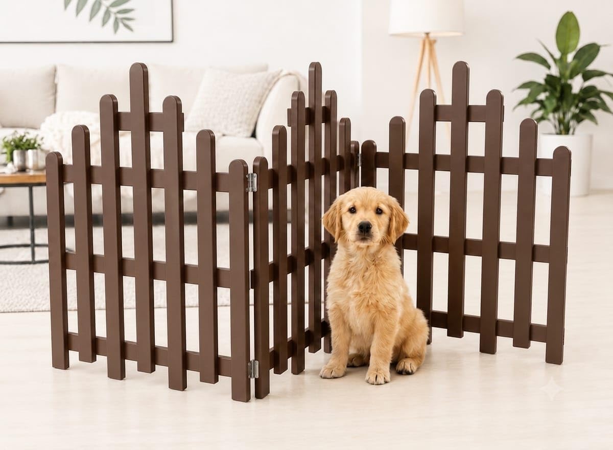 Foldable Wooden Pet Safety Fence Gate for Dogs & Puppies | Freestanding Room Divider & Partition Gate | Indoor Pet Barrier for Doorways, Stairs & Rooms (Brown)-image-9