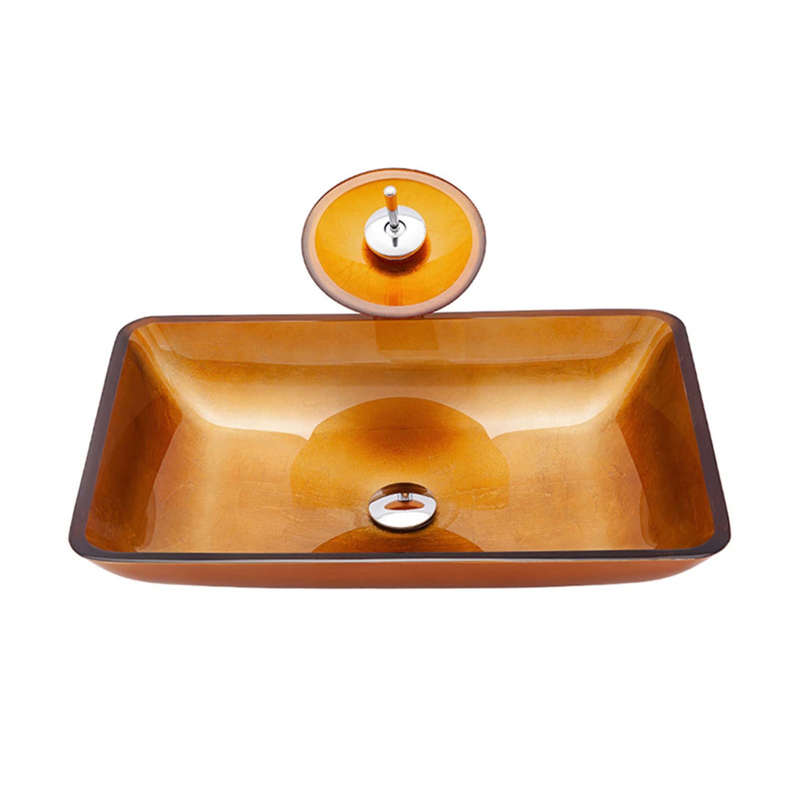 ASerZenith Bathroom Vessel Sink, 22" Tempered Glass Vessel Sink Orange Rectangle Artistic Countertop Sink With Waterfall Faucet And Pop Up Drain