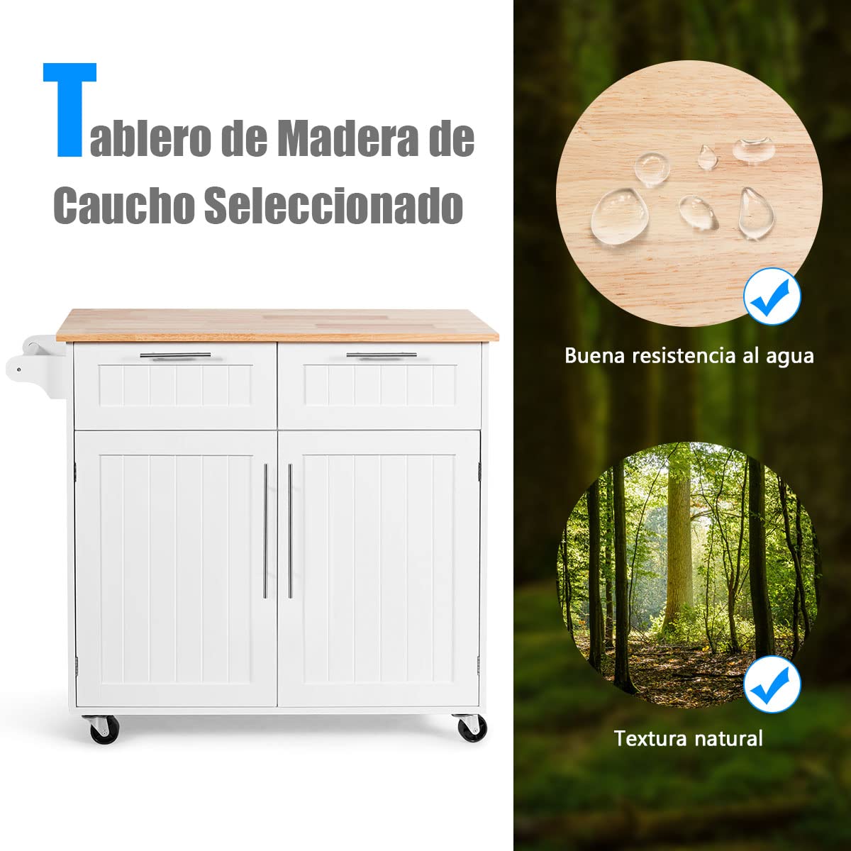 COSTWAY Carrito de Cocina, Carro de Cocina Giratorio con Cajones de Almacenamiento y Grandes Armarios, Carro de Servir, 4 Ruedas Universales y Toallero, 94 x 45 x 94,5cm (Blanco)