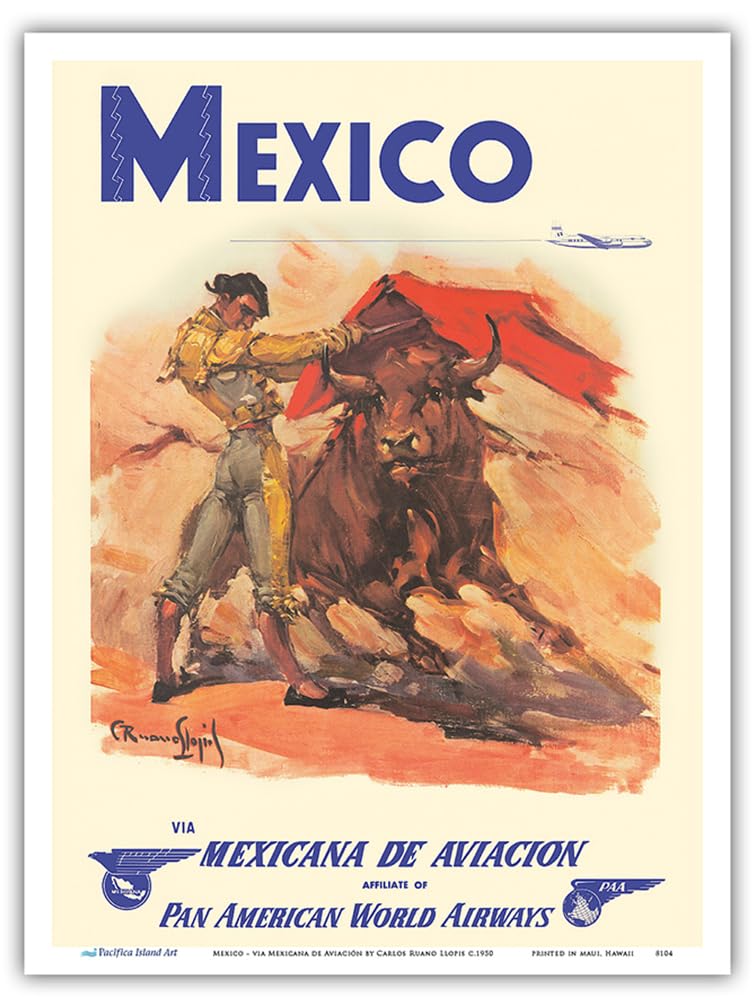 Pacifica Island Art Mexico - via Mexicana de Aviación - Pan American World Airways - Bull Fighter - Vintage Airline Travel Poster by Carlos Ruano Llopis c.1950 - Master Print 9" x 12" PRTA8104