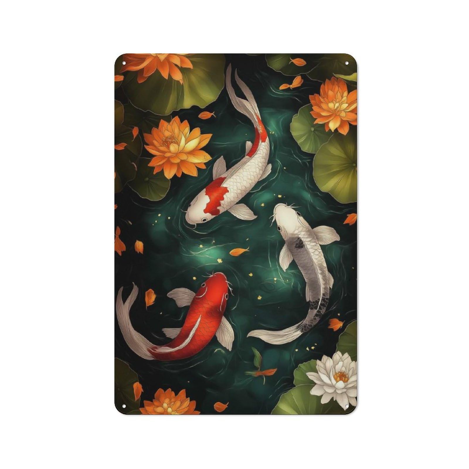 For Living Room Or Hallway, Koi Fish And Lotus Pond Retro Metal Plaque 30x20cm, for A Newly Furnished Living Room And Hallway
