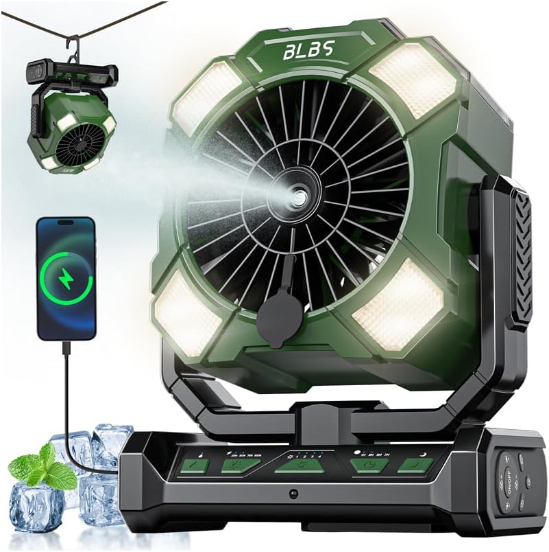Camping Misting Fan - 24000mAh Rechargeable Portable Fan with 300ml (9oz) Water Tank, 80H Cooling, 5H Mist, 4 Speeds, LED Light & Hook - Outdoor Camping Travel Essentials（Black）