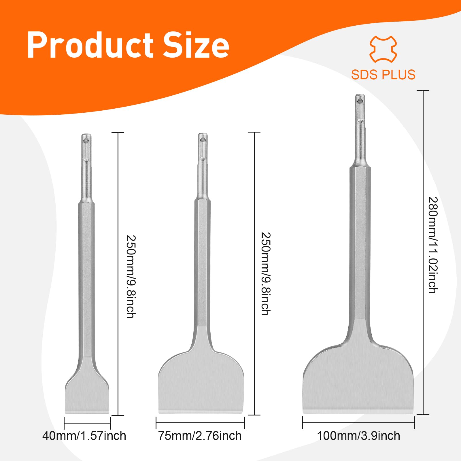 Burin SDS Plus- 3 pièces 100 mm + 75 mm + 40 mm, burin SDS Plus pour enlever le carrelage, la colle à carrelage, le béton, la pierre naturelle, la maçonnerie, etc. - Burin à carrelage haut de gamme