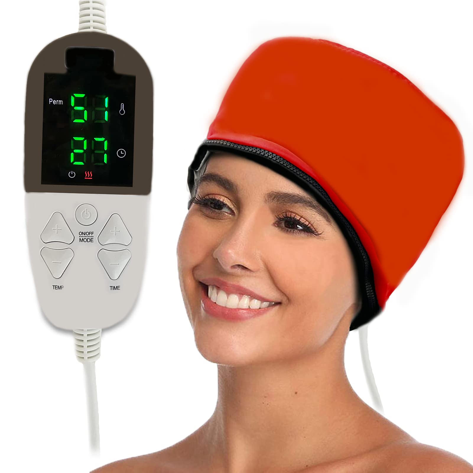 Heating Cap Steam Hair Care Cap for Deep Conditioning Hair SPA Cap Adjustable Size with Large Screen Display Temperature & Time, Up to 176 ℉ Electric Hair Cap(UK Plug)(Red)