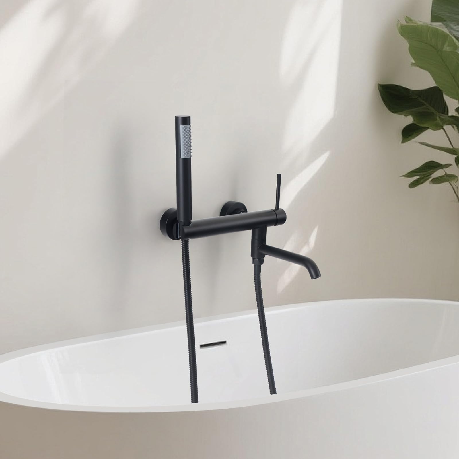 PHASAT Rubinetto Vasca da Bagno con Doccetta, Miscelatore Monocomando Doccia Esterno con Doccetta, Rubinetto a Parete Bagno Bocca girevole a 90°, Nero PTBB27E