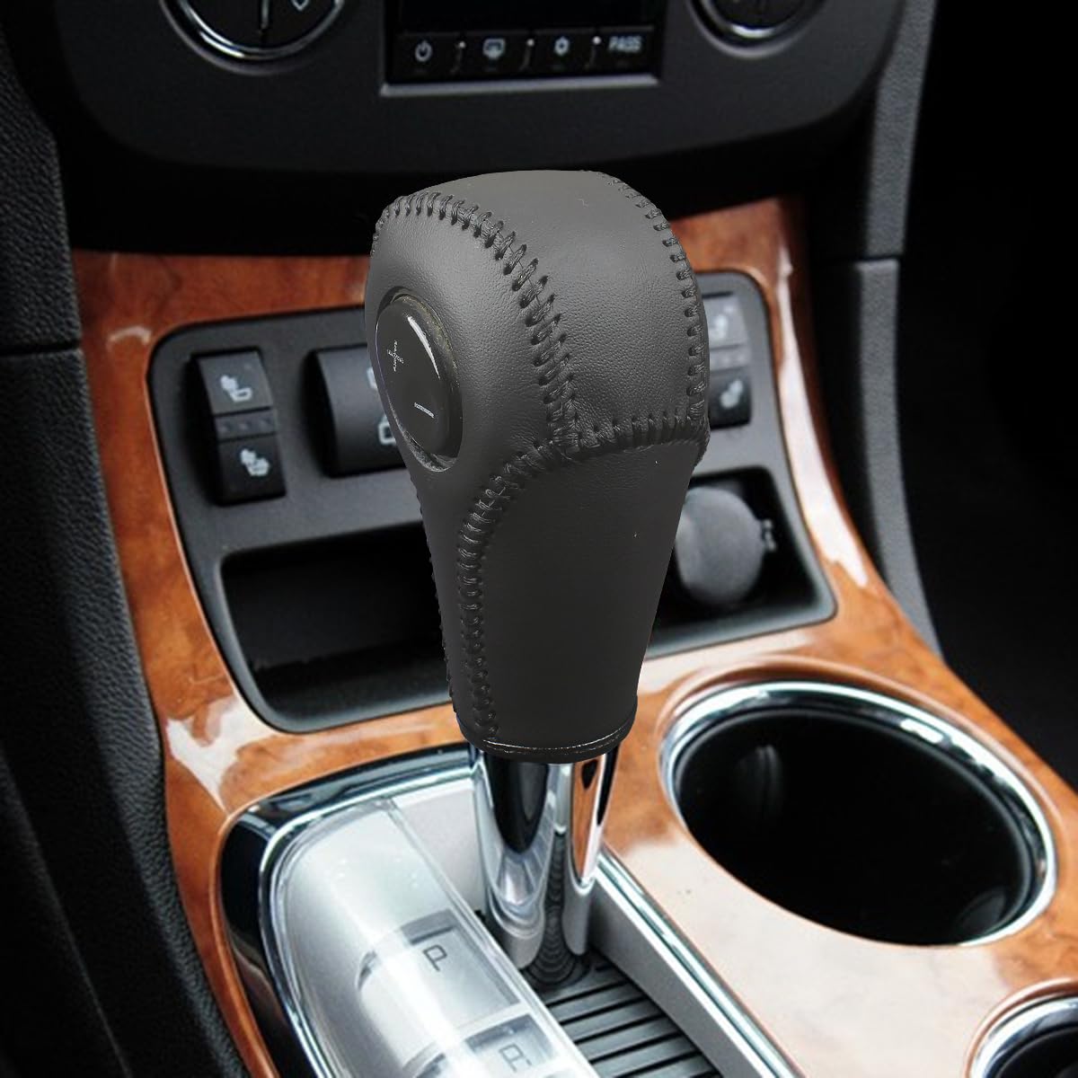 Custom Fit Black Genuine Leather Gear Shift Knob Cover for GMC Acadia 2007 08 09 10 11 12 13 14 15 2016 Automatic Accessories (Black Skin and Black Thread)