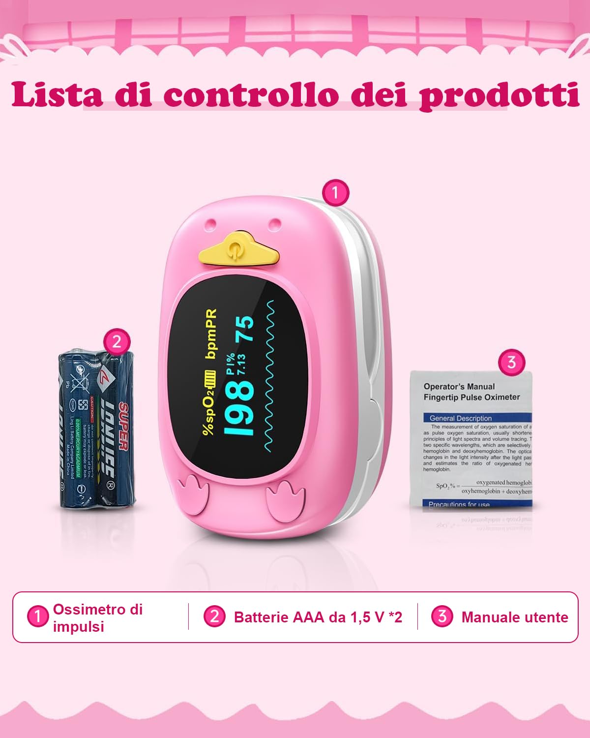 HealthTree Monitor della saturazione dell'ossigeno nel sangue da dito, pulsossimetro pediatrico con schermo OLED,2 batterie AAA incluse, adatto per neonati e bambini di età compresa tra 2,5 e 15 anni