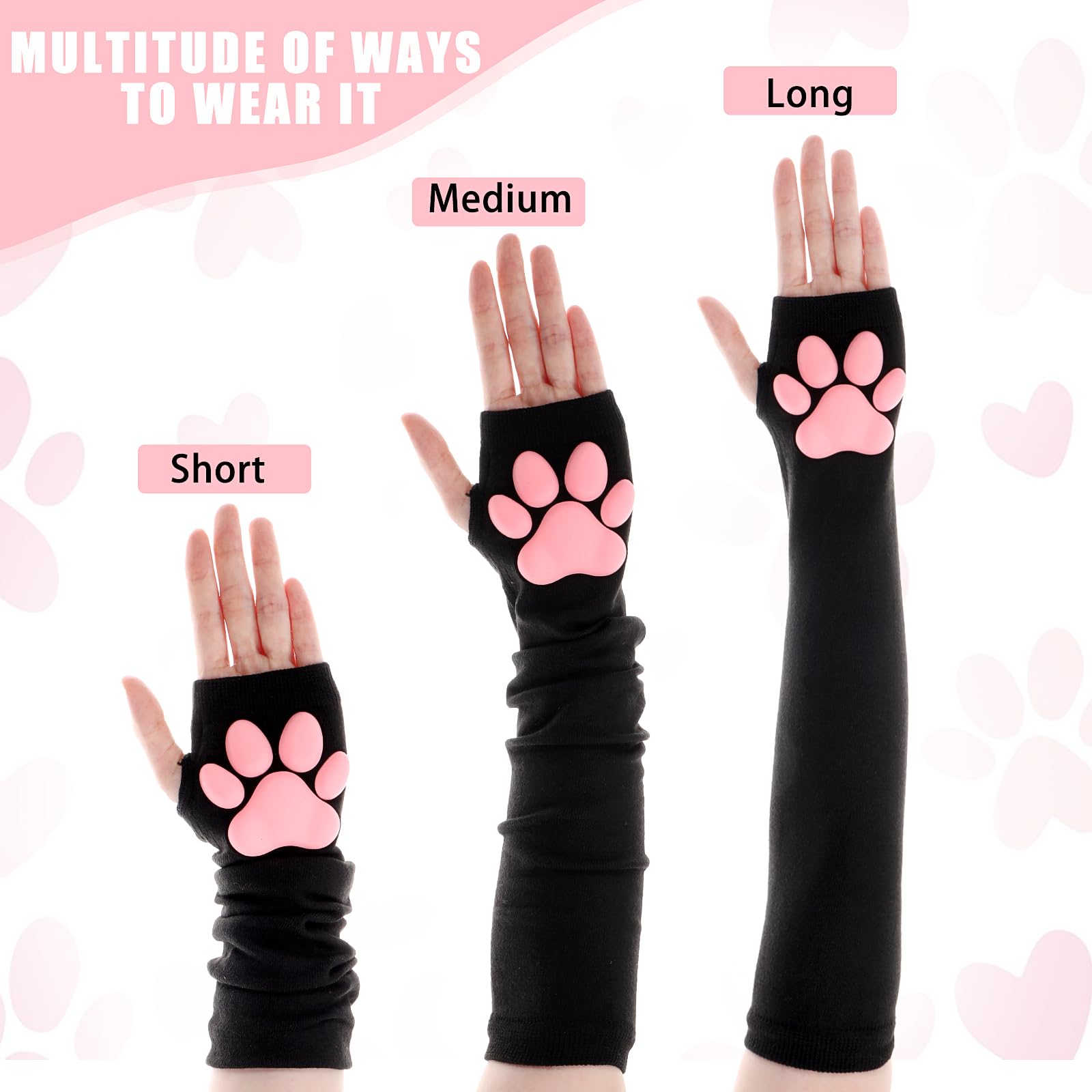Telooco Cat Paw Gloves Long Therian Paws Fingerless Gloves for Women Cute Pink Claw Pad Arm Warmers Cat Paw Sleeves Cat Women Accessories for Halloween Cosplay Party (Black) - Image 3