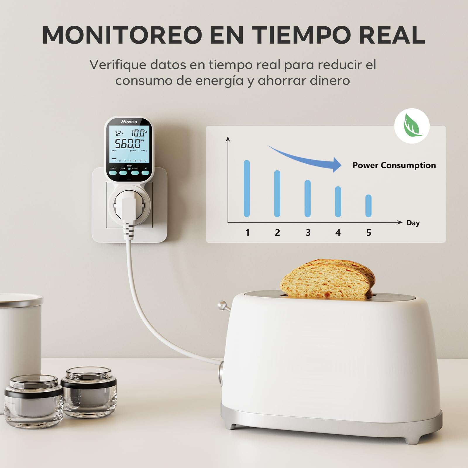 Maxcio Medidor de Consumo de Energía, enchufe de ahorro energético con pantalla LCD retroiluminada, 7 Modos Medidor de Consumo Electrico con Protección contra Sobrecarga, Nuevo Estilo