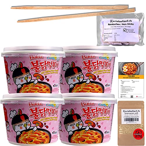 asiafoodland - Samyang Ramen Spicy Carbonara Reiskuchen - Tteokbokki Set - 4 x Samyang Tobokki (179g) / 1 x Rice Sticks (200g) / + Sesam (30g) + 4 Paar Essstäbchen + Rezeptkarte, 1er Pack (1 x 946g) Cover