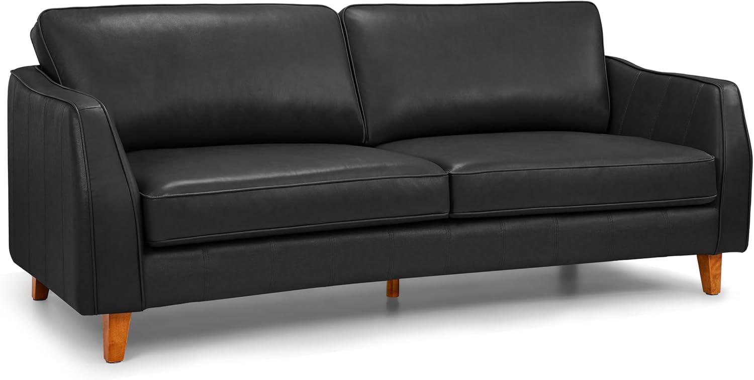 MCombo 84 Inch Oversized Genuine Leather Sofa, Real Leather Sofa with Feather-Fiber Pillow & Solid Wood Frame, Napa Leather Loveseat for Living Room VE727 (Black)