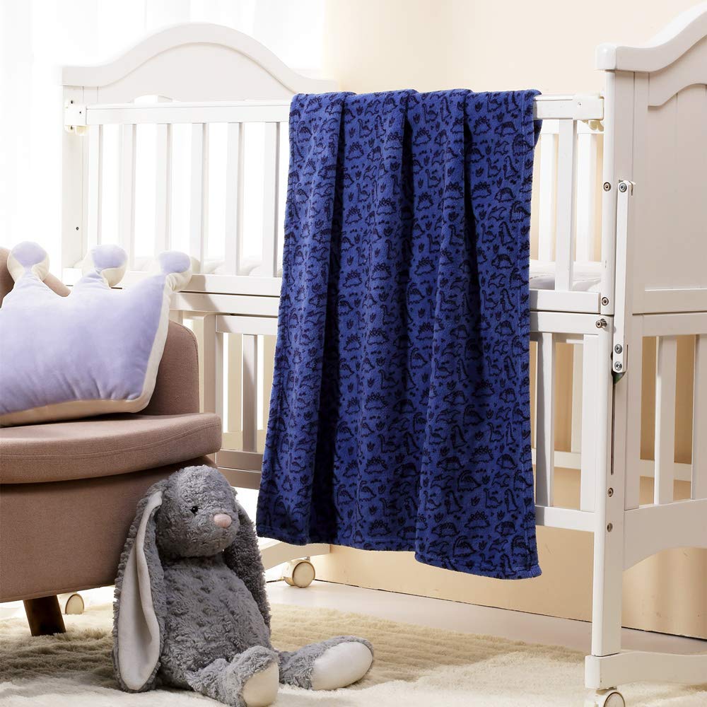 CREVENT, Copertina per bambini leggera, in soffice peluche, soffice, caldo e peloso, per culla e passeggino, 75 x 100 cm (blu, motivo con dinosauro)