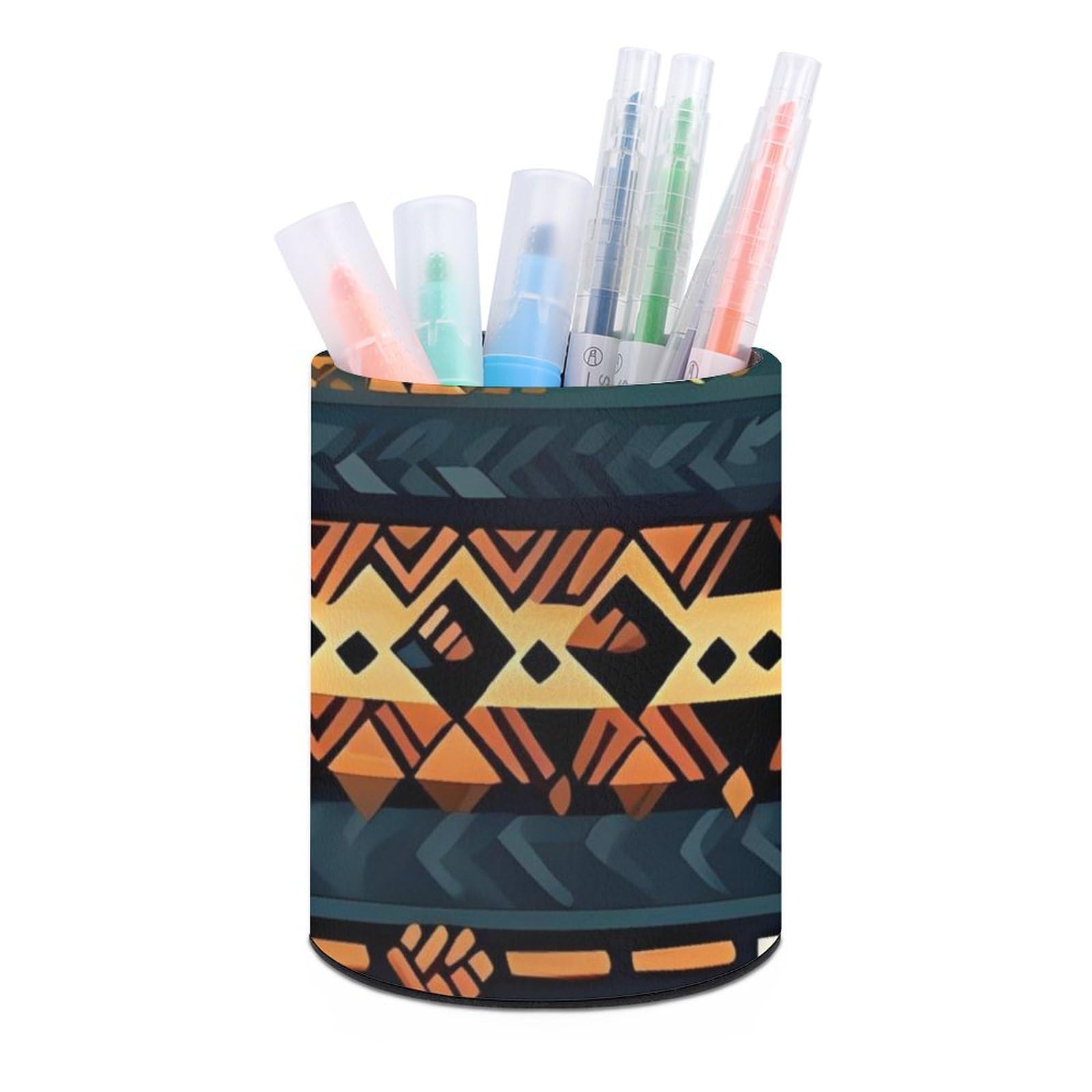 DWVTSLH Aesthetic Pen Holder for Desk - Modern Leather Pencil Holder - Stylish Round Makeup Brush Holder - African Tribal Ethnic Texture Pen Cup Cute And Functional Desk Organizer for Office Supplies