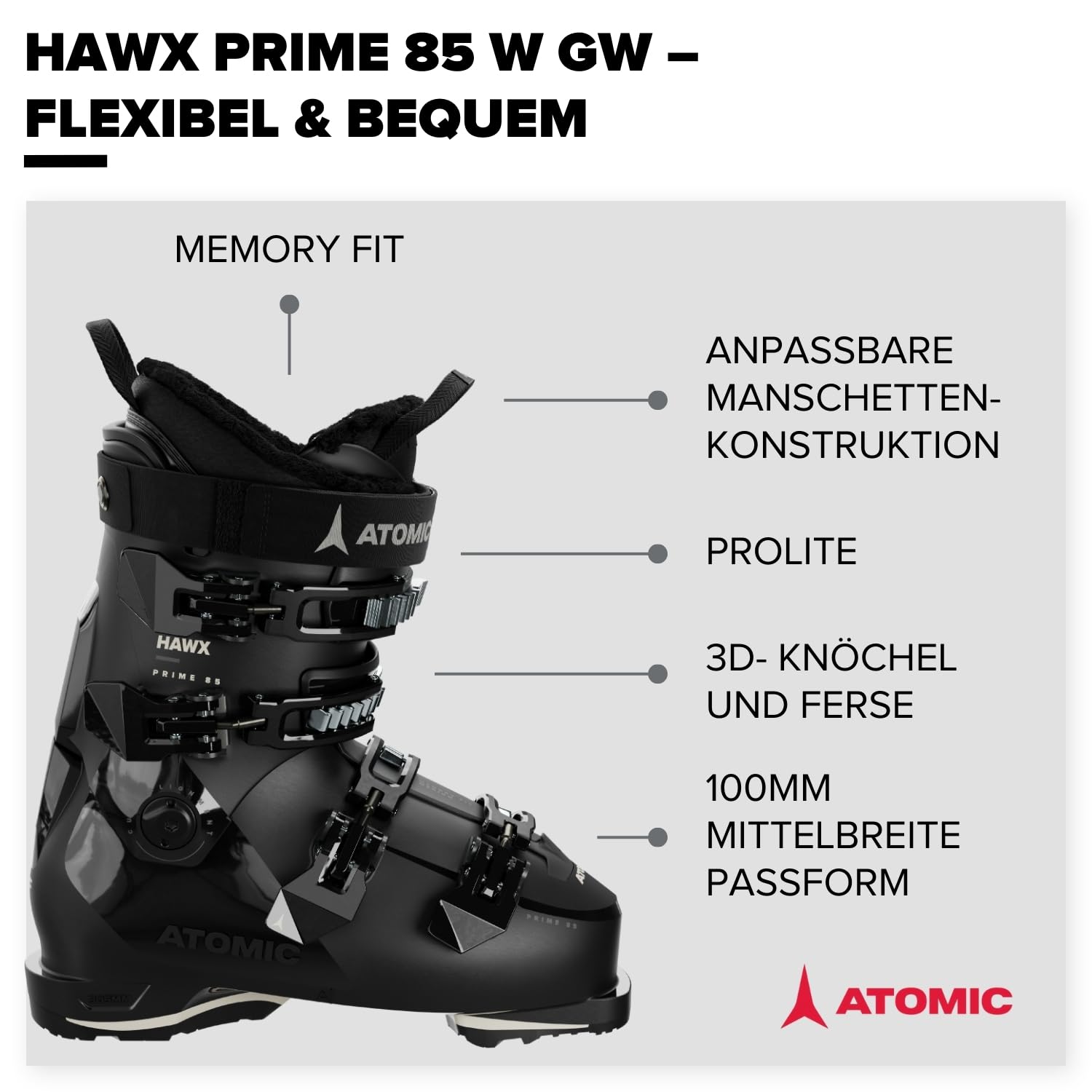 ATOMIC HAWX PRIME 85 W Skischuhe Frauen - Alpin-Skischuh in Black/Stone & Schwarz/Silber - Boots mit 3D Knöchel & Ferse für präzisen Sitz - mittelbreite Skistiefel für Fortgeschrittene