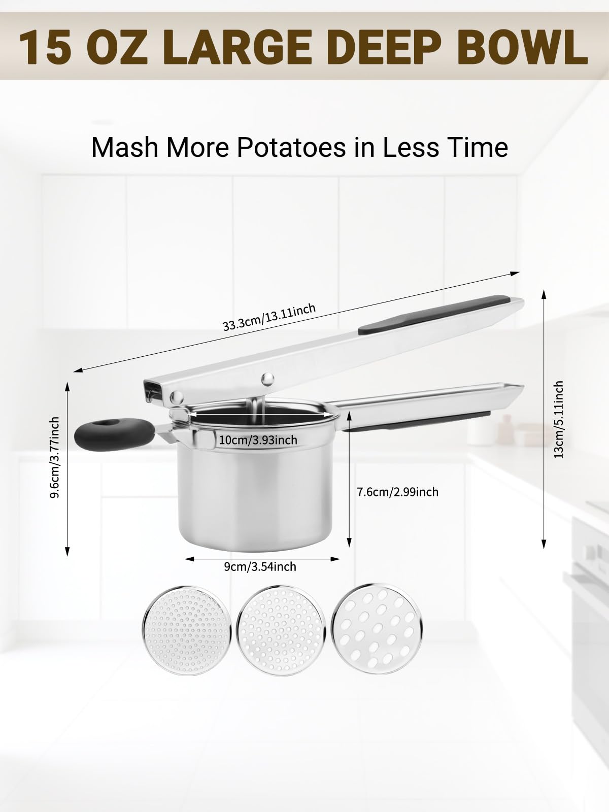 Potato Ricer, Heavy Duty Stainless Steel Potato Masher and Ricer for Mashed Potatoes, Kitchen Gadget for Mashed Potatoes with 3 Interchangeable Discs