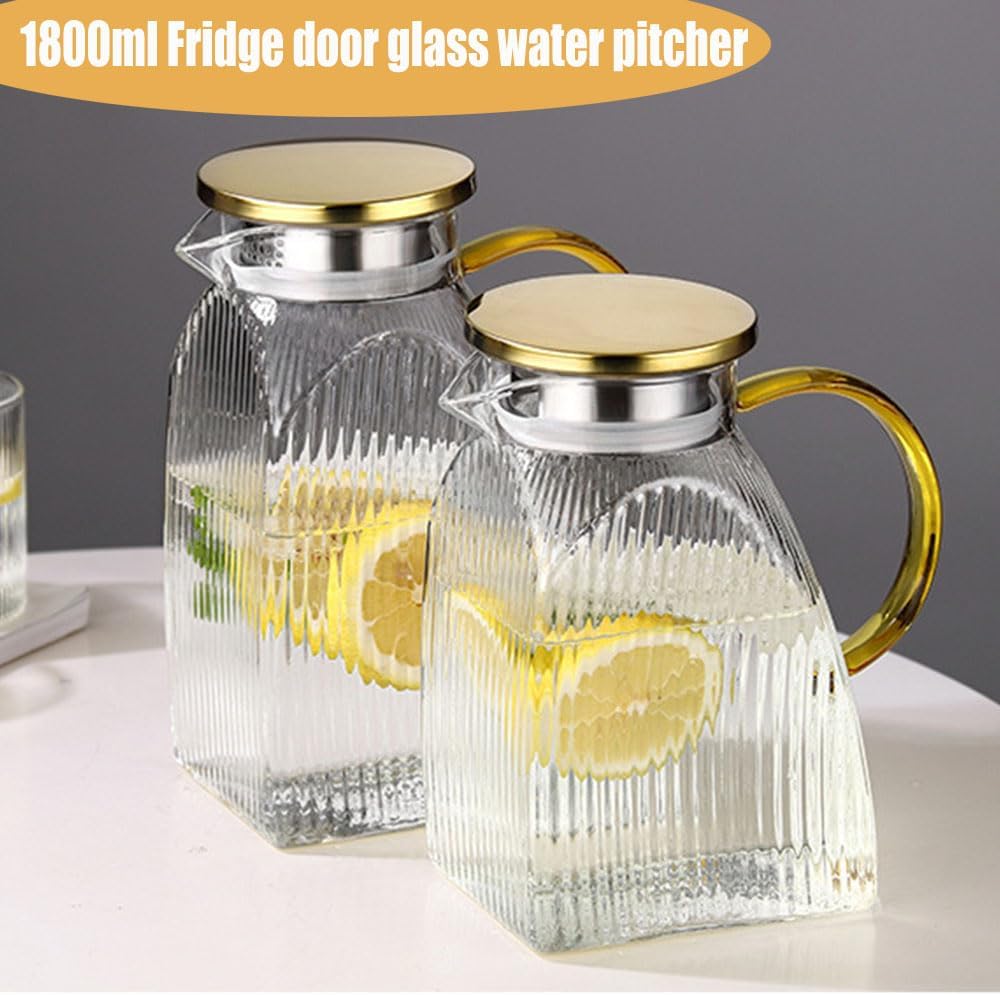 Glass Pitcher with Stainless Steel Gold Lid - 1.8L Ideal Fridge Door Water Pitcher for Hot or Cold Beverage, Iced Tea, Juice, Milk, Coffee, Lemonade - Image 5