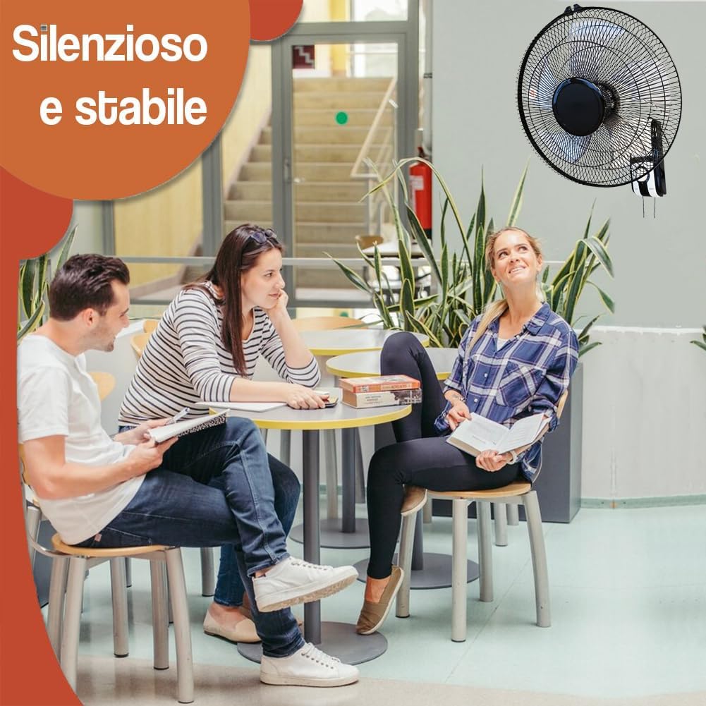 BAKAJI Ventilatore da Parete con Griglia da 43 cm e 3 Livelli di Velocità Selezionabili, Raffrescatore a Muro con 5 Pale in Polipropilene, 65 Watt di Potenza con Oscillazione Laterale Automatica