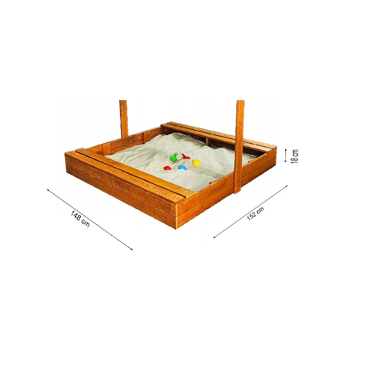 QLS Holz Sandkasten 150 cm mit Abdeckung imprägniert Goldeneiche Rot | Robuste Holzkonstruktion für mindestens 200 kg Sand inkl Unkrautvlies Abdeckplane Witterungsschutz