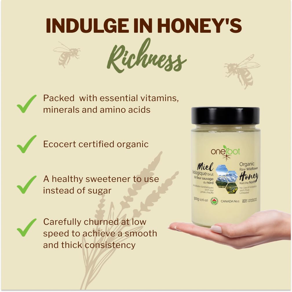 Oneroot 100% Organic Canadian Wildflower Honey - 17.6 Oz/1.1 Lbs, Unheated & Creamed - Nutrient-Rich, Natural Sweetener with Enzymes - Thick & Pure Raw Unfiltered Honey