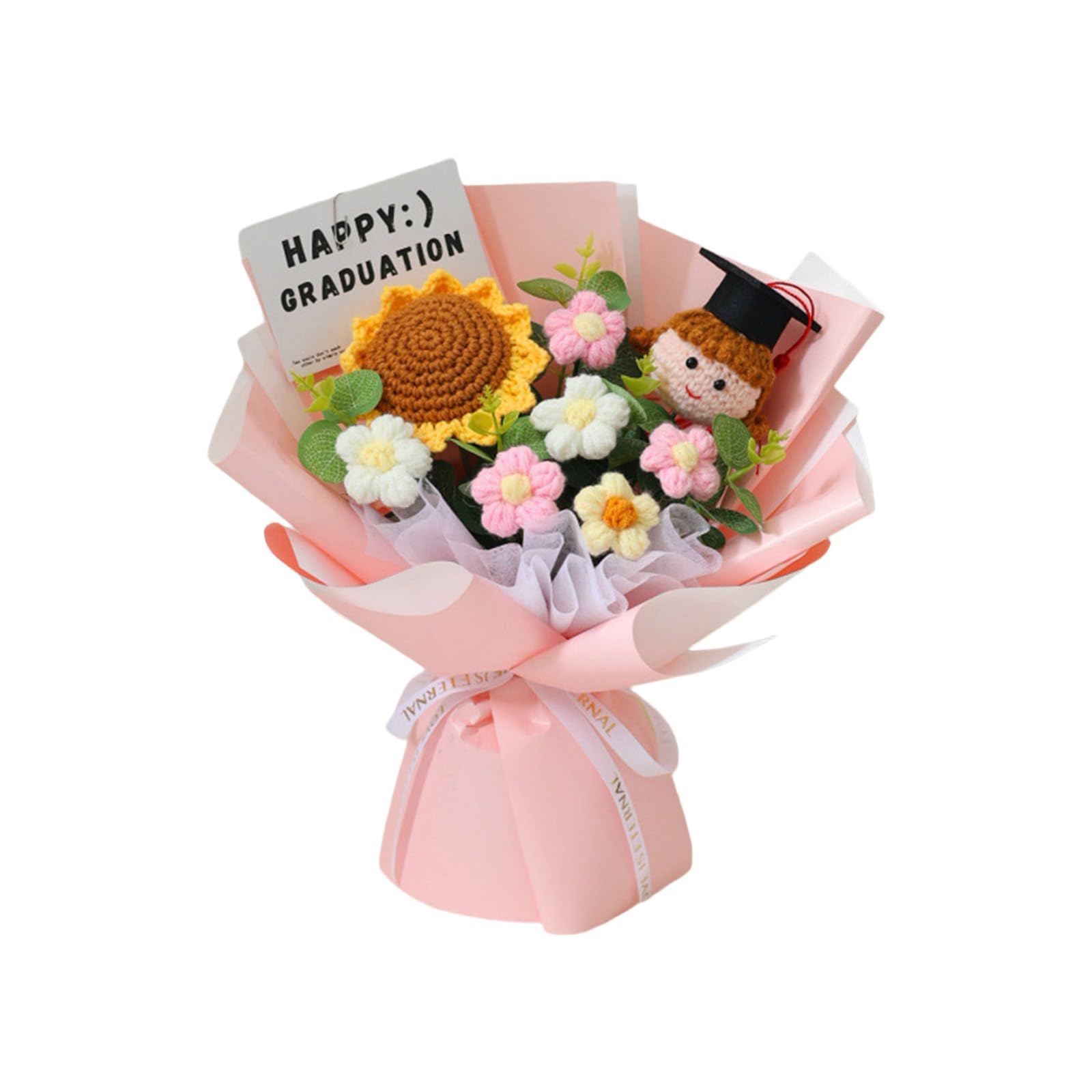 Meiliyizu Lovely Yarn Flower Bouquets for Graduation Wedding Party Decors Oranges Blue Blossomy Decors Crochet Graduation Bouquets