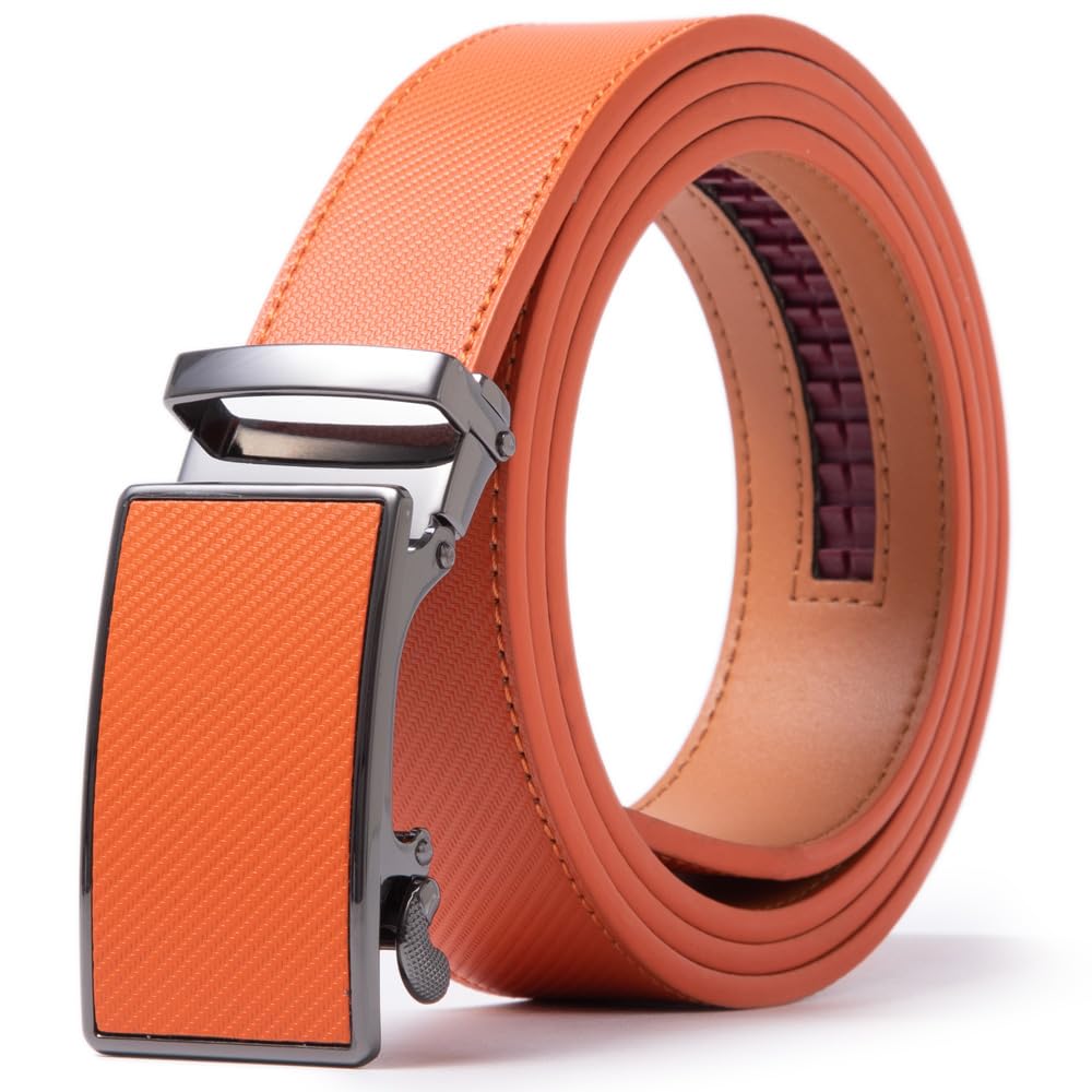 ayamoti Genuine Leather Slide Ratchet Belt Men Multicolored Unisex Customizable Fit, Orange, Waist 28''-46