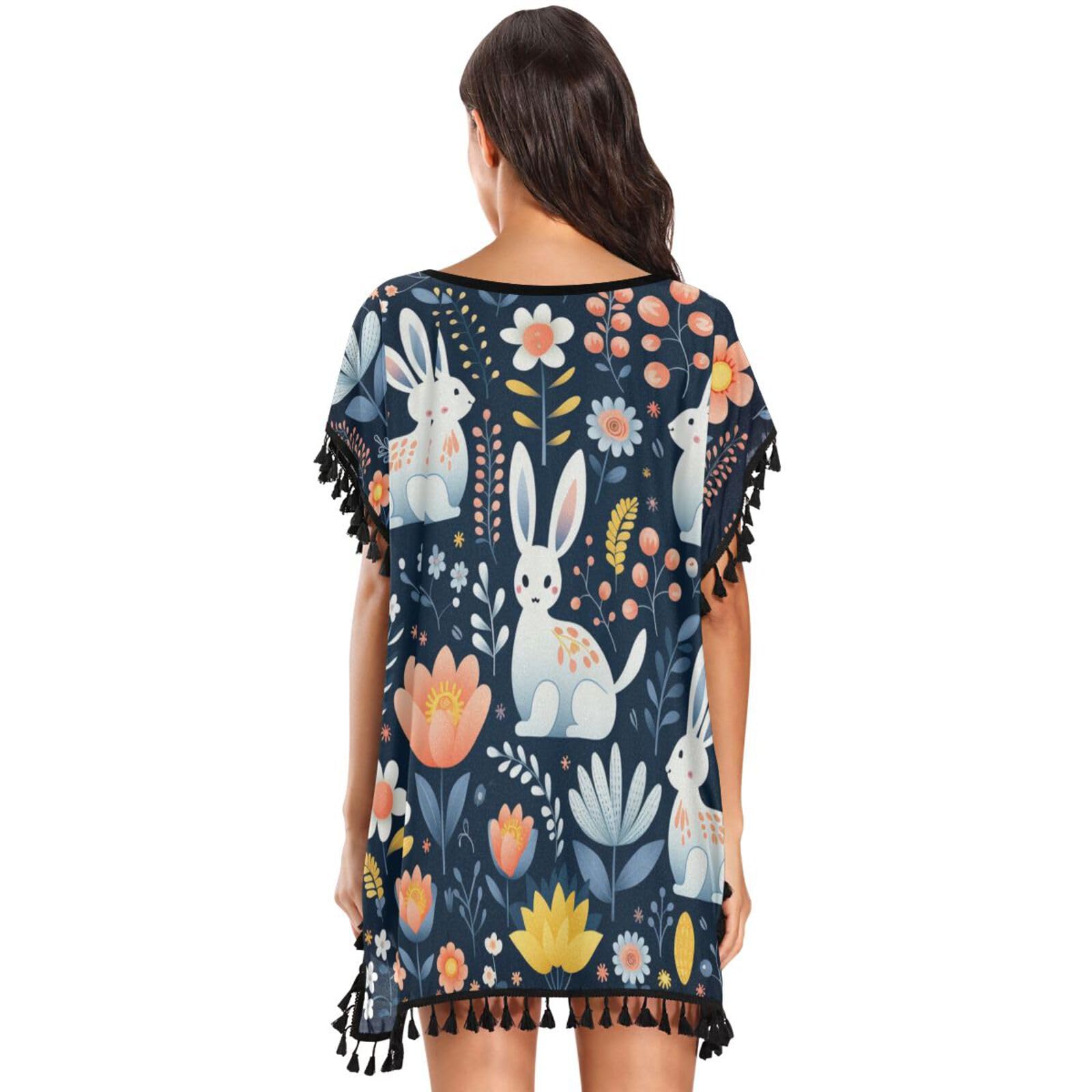Cartoon Art Cute Rabbit Women's Beach Cover Up Chiffon Tassel Swimwear Swimsuit Coverups for Girl