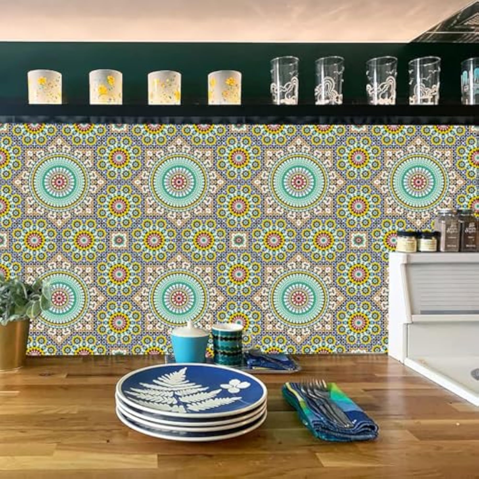 Moroccan Mosaic Mandala Pattern Wall Sticker, Multicolour, Geometric Boho Style
