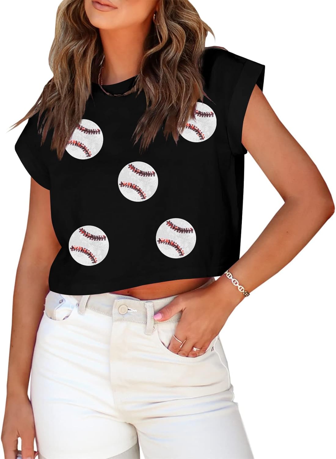 Baseball Shirts Women Baseball Mom Shirt Sparkle Baseball Sequin Graphic Tee Game Day Gift Casual Short Sleeve Crop Tops