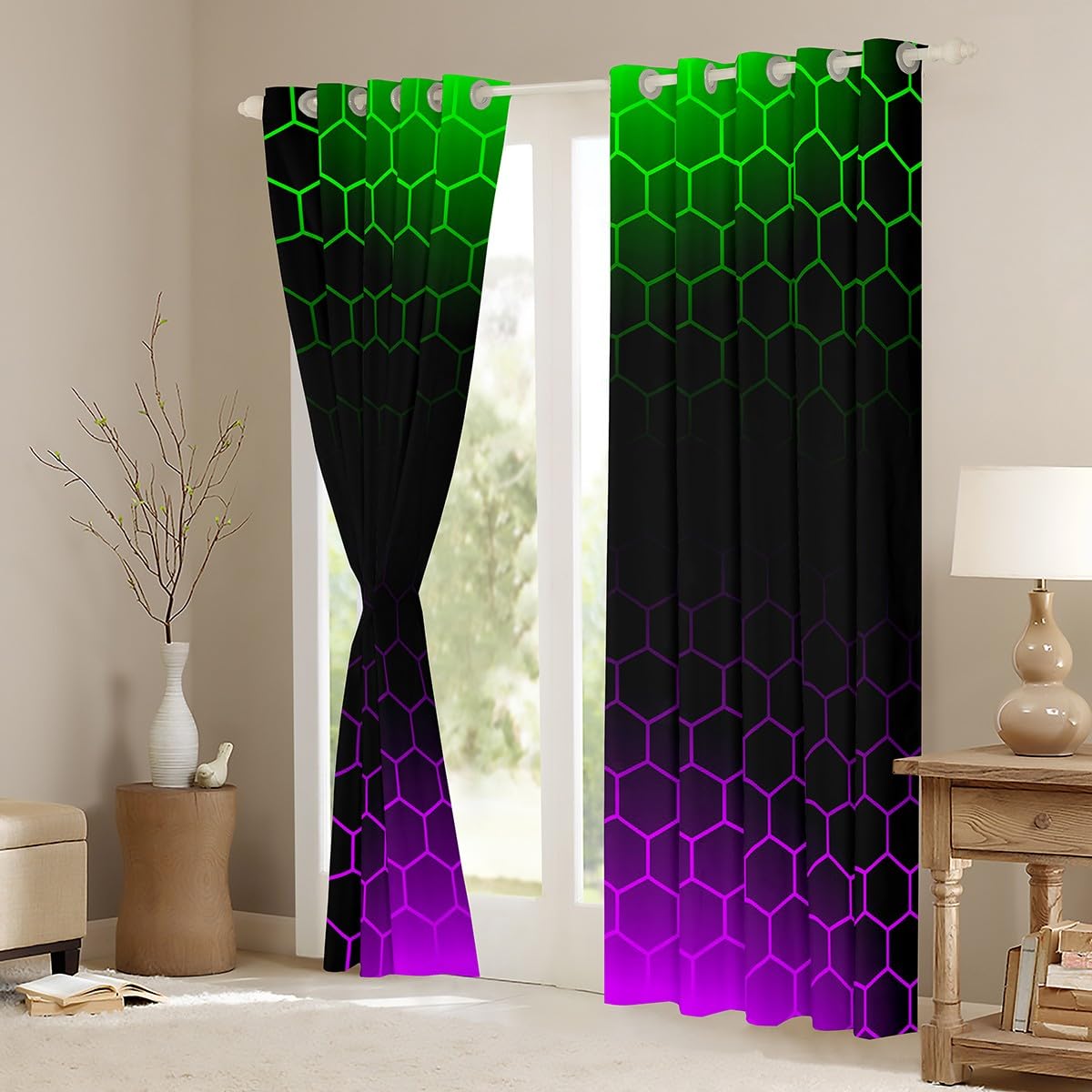 Honeycomb Window Curtains Grenn Purple Ombre Blackout Curtains(30%-50%) Beehive Hexagon Window Dreapes Kids Toddler Geometric Honeycomb Window Treatments W46*L54 - Image 3