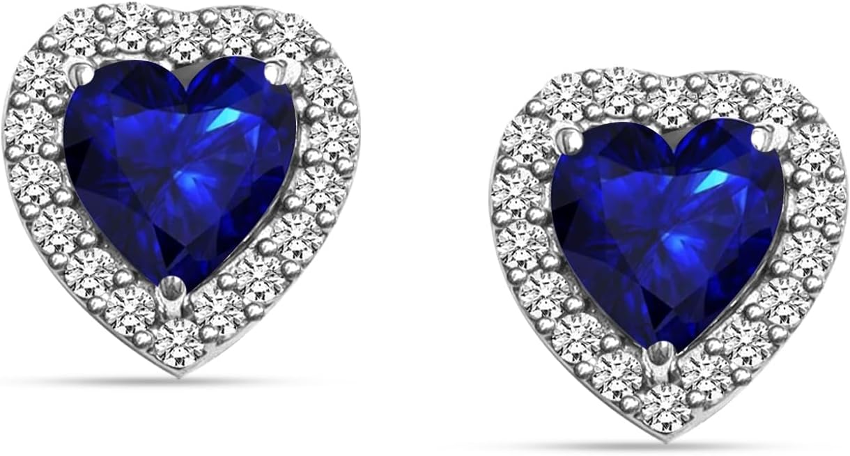LeCalla 925 Sterling Silver Gemstone Stud Earrings | Heart Stud Earring | Lightweight Halo Heart Stud Earrings for Women